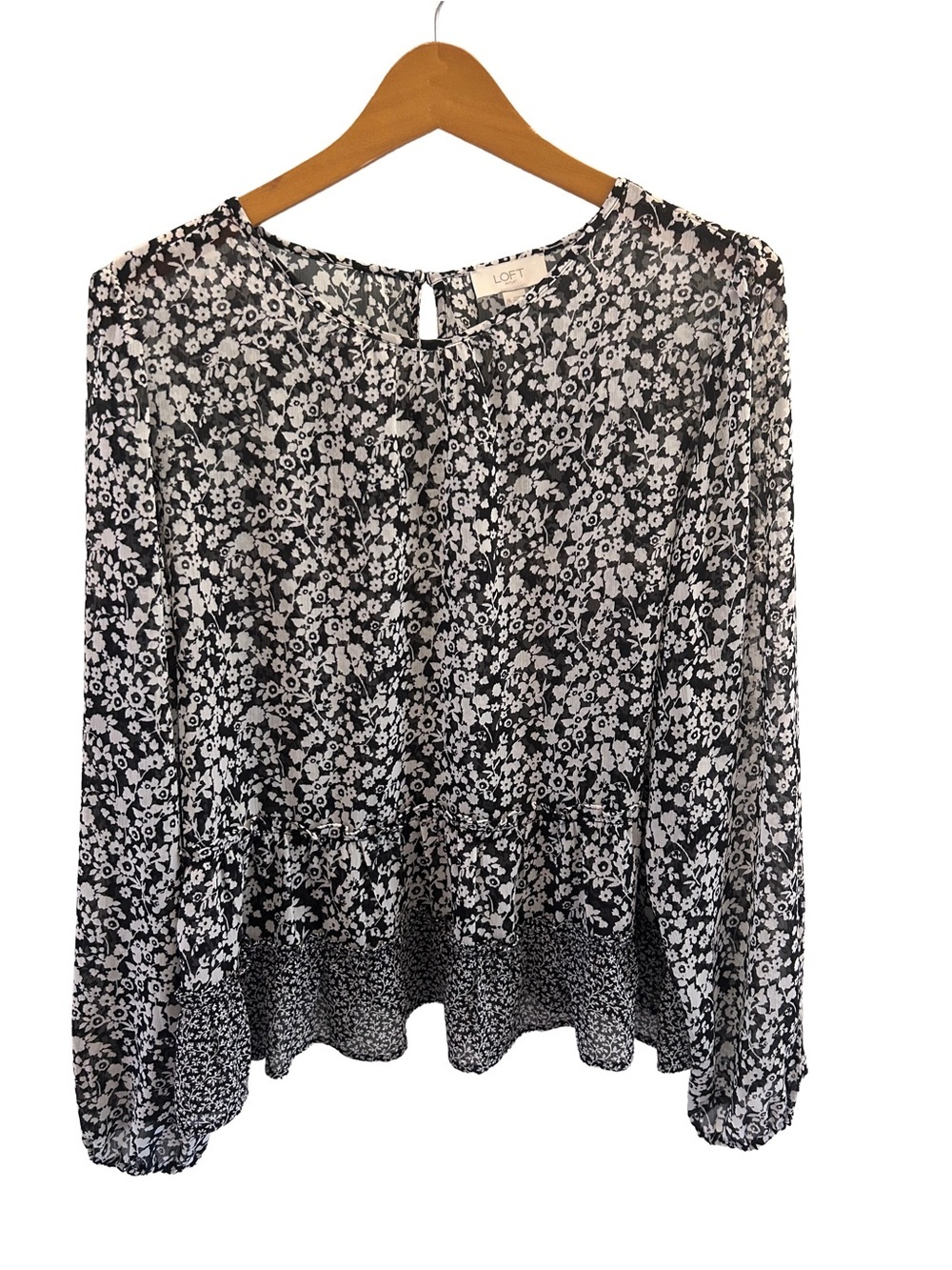 LOFT Black & White Floral Keyhole Peplum Hem Long-Sleeve Blouse XL